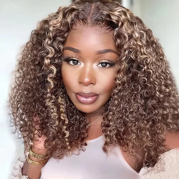 250 Density 13x4 Curly Bob Wig Highlight Ombre Colored Lace Front Wig 4/27 Brown Deep Wave 13x6 Lace Frontal Human Hair Wigs